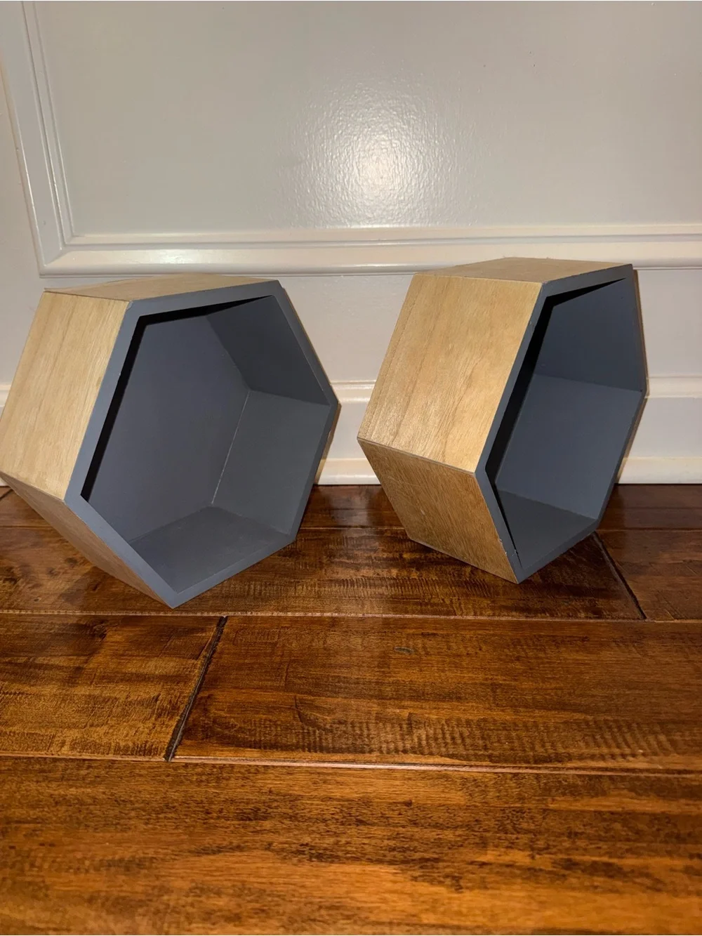 Pair of Wooden Hexagon shelves Grey Display Shadow Boxes 2